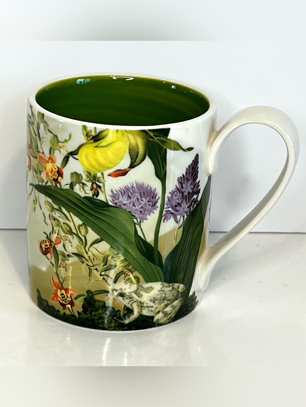 Anthropologie Green Floral Orchid Frog Coffee Tea Mug Cup Botanical Garden